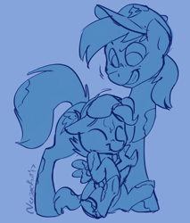 Size: 2550x3000 | Tagged: safe, artist:veesocks, derpibooru import, rainbow dash, scootaloo, pegasus, pony, 30 minute art challenge, cute, dirty, eyes closed, grin, hat, petting, scootalove, sketch, smiling, wrench