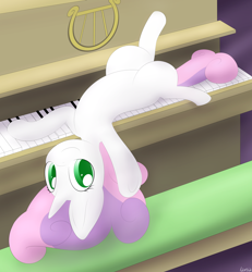 Size: 1844x2000 | Tagged: safe, artist:lamia, sweetie belle, cute, diasweetes, looking at you, on back, piano, relaxing, silly, smiling, solo, underhoof, upside down