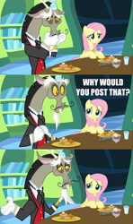 Size: 634x1070 | Tagged: safe, discord, fluttershy, pegasus, pony, i dunno lol, image macro, meta, reaction image, text, why would you post that