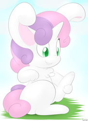 Size: 1750x2400 | Tagged: safe, artist:lamia, sweetie belle, rabbit, bucktooth, bunnified, bunny belle, chest fluff, cute, diasweetes, fluffy, horn, raised leg, smiling, solo, species swap