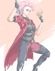 Size: 756x972 | Tagged: artist needed, safe, pinkie pie, /mlp/, cake, cosplay, dante (devil may cry), devil may cry, devil may cry 4, drawfriend, drawthread, humanized, request, sword