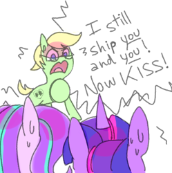 Size: 772x776 | Tagged: safe, artist:pinkablue, starlight glimmer, twilight sparkle, oc, pony, fame and misfortune, implied lesbian, implied shipping, implied twistarlight, now kiss, shipper on deck, shipping