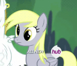 Size: 304x261 | Tagged: safe, screencap, bulk biceps, derpy hooves, pegasus, pony, rainbow falls, season 4, animated, cropped, cute, derpabetes, female, female focus, frown, gasp, hub logo, hubble, mare, open mouth, solo focus, wide eyes