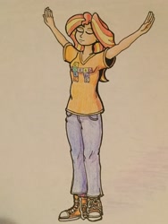 Size: 2448x3264 | Tagged: safe, artist:sensko, princess celestia, sunset shimmer, equestria girls, clothes, converse, dark souls, eyes closed, newbie artist training grounds, praise the sun, shoes, sneakers, solo, traditional art