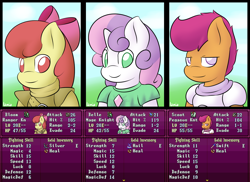 Size: 1536x1118 | Tagged: safe, artist:lamia, apple bloom, scootaloo, sweetie belle, anthro, archer, armor, crossover, cutie mark crusaders, fantasy class, fire emblem, knight, mage, nintendo, rpg, stats, warrior