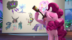 Size: 1280x720 | Tagged: safe, screencap, cozy glow, discord, grogar, king sombra, lord tirek, pinkie pie, princess twilight 2.0, queen chrysalis, twilight sparkle, twilight sparkle (alicorn), alicorn, changeling, changeling queen, earth pony, pony, hello pinkie pie, the ending of the end, the last problem, 3d, bottle, chart, chocolate, chocolate rain, drawing, drinking, eyes closed, food, rain, solo, studio, tongue out