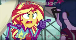 Size: 1280x687 | Tagged: safe, edit, edited screencap, screencap, sci-twi, sunset shimmer, twilight sparkle, equestria girls, friendship games, caption, censored dialogue, font issues, hamilton, meme, sit down john, sunset yells at twilight, the adams administration