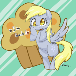 Size: 2725x2709 | Tagged: safe, artist:yutoraru, derpy hooves, pegasus, pony, rainbow falls, cute, derpabetes, female, food, heart, mare, muffin, open mouth, pixiv, solo, the grey one's glorious return