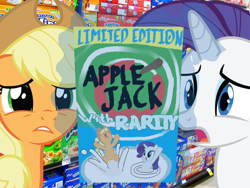 Size: 1024x768 | Tagged: safe, artist:abcron, applejack, rarity, earth pony, pony, unicorn, cereal, female, horn, mare