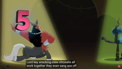 Size: 1920x1080 | Tagged: safe, edit, edited screencap, screencap, lord tirek, queen chrysalis, changeling, changeling queen, frenemies (episode), hello pinkie pie, 5, caption, meme, vulgar, youtube caption