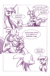 Size: 900x1362 | Tagged: safe, artist:moonlitbrush, derpy hooves, doctor whooves, rarity, spike, twilight sparkle, twilight sparkle (alicorn), alicorn, dragon, pony, unicorn, comic:unintentionally spreading happiness, comic, cute, cute face, female, mare, monochrome, spanish, translation, translator:the-luna-fan