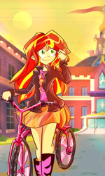 Size: 1152x1920 | Tagged: safe, artist:ben237, sunset shimmer, equestria girls, bicycle, boots, clothes, cute, jacket, miniskirt, shimmerbetes, shoes, skirt, solo