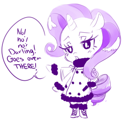 Size: 1280x1264 | Tagged: safe, artist:morita, rarity, pony, unicorn, bipedal, clothes, coat, dialogue, monochrome, solo, speech bubble