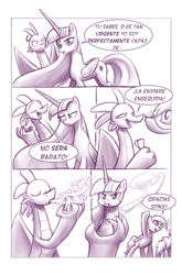 Size: 900x1362 | Tagged: safe, artist:moonlitbrush, derpy hooves, spike, twilight sparkle, twilight sparkle (alicorn), alicorn, dragon, pony, comic:unintentionally spreading happiness, annoyed, comic, female, gem, glare, mare, monochrome, pouting, puffy cheeks, scowl, spanish, tall, translation, translator:the-luna-fan