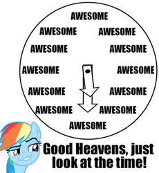 Size: 418x455 | Tagged: safe, derpibooru import, rainbow dash, pegasus, pony, clock, image macro, just look at the time, meme, solo, text, time to be awesome