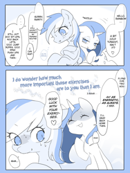 Size: 1200x1600 | Tagged: safe, artist:kkmrarar, derpibooru import, rainbow dash, rarity, pegasus, pony, unicorn, alternate hairstyle, comic, dialogue, exercise, eyes closed, female, heart, japanese reading order, lesbian, mare, monochrome, nuzzling, open mouth, raridash, shipping, sit-ups, smiling, sweat