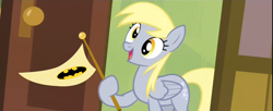 Size: 1920x785 | Tagged: safe, derpy hooves, pegasus, pony, rainbow falls, season 4, batman, batman logo, dc comics, derpy's flag, female, mare, meme, solo