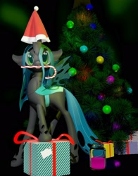 Size: 1600x2043 | Tagged: safe, artist:fluffyrescent, artist:uncertainstardust, queen chrysalis, changeling, changeling queen, 2020, 3d, beverage, candy, candy cane, christmas, christmas changeling, christmas tree, cute, cutealis, food, happy new year, hat, holiday, love, new year tree, new years eve, present, santa hat, solo, tree