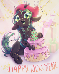 Size: 1200x1500 | Tagged: safe, artist:alexbluebird, queen chrysalis, changeling, changeling queen, cake, christmas, christmas changeling, christmas tree, cute, cutealis, female, food, frosting, gift wrapped, happy new year, holiday, looking at you, open mouth, solo, tree