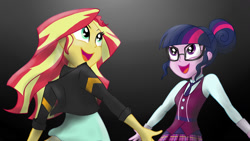 Size: 1920x1080 | Tagged: safe, artist:spacesheep-art, sci-twi, sunset shimmer, twilight sparkle, equestria girls, friendship games, black background, clothes, crystal prep academy, crystal prep academy uniform, crystal prep shadowbolts, deleted scene, glasses, leather jacket, pleated skirt, scene interpretation, school uniform, simple background, skirt, what more is out there