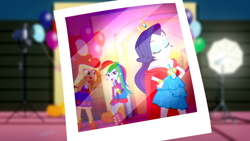 Size: 1366x768 | Tagged: safe, derpibooru import, screencap, applejack, rainbow dash, rarity, a photo booth story, eqg summertime shorts, equestria girls, cape, cloak, clothes, fall formal, laughing, photographs, queen rarity