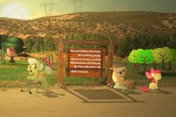 Size: 3872x2592 | Tagged: safe, artist:utterlyludicrous, apple bloom, applejack, big macintosh, granny smith, earth pony, pony, barrel, clubhouse, crusaders clubhouse, male, ponies in real life, power line, shadow, sign, stallion, tree, walker