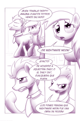 Size: 900x1362 | Tagged: safe, artist:moonlitbrush, derpy hooves, doctor whooves, pegasus, pony, comic:unintentionally spreading happiness, comic, cute, derpabetes, female, fourth wall, mare, monochrome, spanish, tenth doctor, translation, translator:the-luna-fan