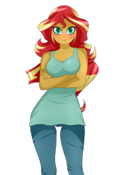 Size: 2000x2700 | Tagged: safe, artist:backgrounduser, sunset shimmer, equestria girls, breasts, clothes, crossed arms, cute, female, looking at you, pants, simple background, smiling, solo, sunset jiggler, tanktop, transparent background