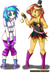 Size: 743x1075 | Tagged: safe, artist:danmakuman, dj pon-3, sunset shimmer, vinyl scratch, equestria girls, bare shoulders, boots, breasts, cleavage, clothes, cute, female, hat, high heel boots, high heels, hypnosis, hypnosis fetish, hypnotist, hypnotized, leggings, miniskirt, shoes, simple background, skirt, sneakers, swirly eyes, top hat, transparent background, watch