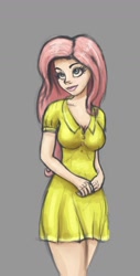 Size: 865x1697 | Tagged: dead source, safe, artist:polkin, fluttershy, human, breasts, clothes, dress, female, gray background, hootershy, humanized, simple background, solo, yellow dress