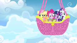 Size: 1280x720 | Tagged: safe, screencap, applejack, fluttershy, pinkie pie, rarity, twilight sparkle, earth pony, pegasus, pony, unicorn, wonderbolts academy, balloon, box, happy, hot air balloon, smiling, wallpaper