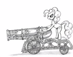 Size: 2936x2283 | Tagged: safe, artist:theonlycountfilth, pinkie pie, earth pony, pony, cannon, evil grin, grin, monochrome, pencil drawing, smiling, solo, traditional art
