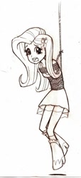 Size: 686x1500 | Tagged: safe, artist:anime-gagged, fluttershy, equestria girls, bondage, breast bondage, breasts, female, monochrome, rope, solo, suspended, traditional art