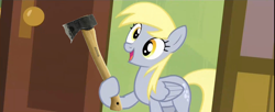 Size: 1280x521 | Tagged: safe, edit, screencap, derpy hooves, pegasus, pony, rainbow falls, axe, derpy's flag, exploitable meme, female, mare, meme, solo, this will end in tears and/or death, yandere, yanderpe