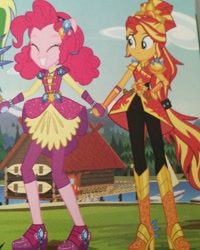 Size: 1024x1280 | Tagged: safe, pinkie pie, sunset shimmer, equestria girls, legend of everfree, crystal guardian, geode of empathy, geode of sugar bombs, holding hands, legend of everfree – save our camp, magic, magical geodes, ponied up