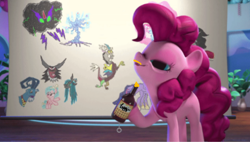 Size: 485x275 | Tagged: safe, alternate version, edit, edited screencap, screencap, cozy glow, discord, grogar, king sombra, lord tirek, pinkie pie, princess twilight 2.0, queen chrysalis, twilight sparkle, twilight sparkle (alicorn), alicorn, changeling, changeling queen, earth pony, pony, umbrum, hello pinkie pie, the last problem, 3d, alcohol, beer, bottle, chart, chocolate, chocolate rain, drawing, facial hair, food, hoof hold, moustache, painted, rain, solo, studio, tongue out, tree of harmony, treelight sparkle