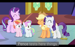 Size: 1920x1200 | Tagged: safe, screencap, applejack, coconut cream, rarity, starlight glimmer, toola roola, earth pony, pony, unicorn, fame and misfortune, meme, politics in the comments, youtube caption