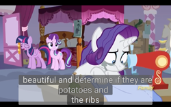 Size: 1920x1200 | Tagged: safe, screencap, rarity, starlight glimmer, twilight sparkle, twilight sparkle (alicorn), alicorn, pony, unicorn, fame and misfortune, makeup, meme, running makeup, sewing, sewing machine, youtube caption