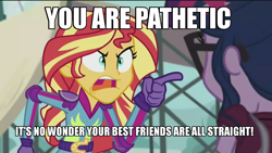 Size: 1280x720 | Tagged: safe, edit, edited screencap, screencap, sci-twi, sunset shimmer, twilight sparkle, equestria girls, friendship games, caption, image macro, meme, sunset yells at twilight