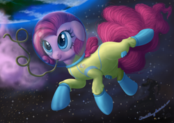 Size: 2000x1414 | Tagged: safe, artist:deathpwny, pinkie pie, earth pony, pony, astronaut, chocolate rain, cloud, cotton candy, cotton candy cloud, crazy straw, detailed, earth, food, solo, space, spacesuit