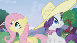 Size: 853x480 | Tagged: safe, screencap, fluttershy, rarity, pegasus, pony, unicorn, a canterlot wedding, hat