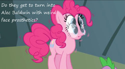 Size: 1065x594 | Tagged: safe, edit, edited screencap, screencap, pinkie pie, spike, dragon, earth pony, pony, feeling pinkie keen, alec baldwin, insane pony thread, pinkie sense, prosthetics, tumblr