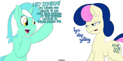 Size: 2000x1000 | Tagged: safe, artist:lamia, bon bon, lyra heartstrings, sweetie drops, bon bon is not amused, dialogue, lamia did it again, meta, waving