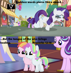 Size: 853x875 | Tagged: safe, edit, edited screencap, screencap, coconut cream, daisy, diamond cutter, flower wishes, lavender bloom, rarity, starlight glimmer, toola roola, twilight sparkle, twilight sparkle (alicorn), alicorn, pony, unicorn, fame and misfortune, bible, bible verse, crying, discovery family logo, female, filly, makeup, male, mare, mascara, mascarity, ponyville, religion, running makeup, stallion, twilight's castle