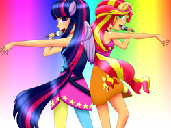 Size: 2592x1936 | Tagged: safe, artist:djvirtual97, sunset shimmer, twilight sparkle, twilight sparkle (alicorn), alicorn, equestria girls, rainbow rocks, alternate costumes, alternate hairstyle, duet, human coloration, ponied up, singing