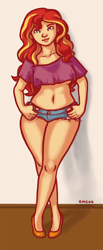 Size: 492x1200 | Tagged: safe, artist:mcponyponypony, sunset shimmer, human, equestria girls, belly button, clothes, curvy, midriff, short shirt, solo, wide hips