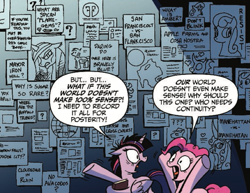 Size: 719x554 | Tagged: safe, artist:andypriceart, idw, pinkie pie, queen chrysalis, reversalis, twilight sparkle, twilight sparkle (alicorn), alicorn, changeling, changeling queen, earth pony, pony, reflections, spoiler:comic, spoiler:comic19, breaking the fourth wall, cropped, don't blink, duo, female, mare, official comic, speech bubble