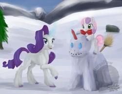 Size: 1200x933 | Tagged: safe, artist:norsepaw, rarity, sweetie belle, pony, unicorn, cloven hooves, magic, snow, snowpony, unshorn fetlocks, winter