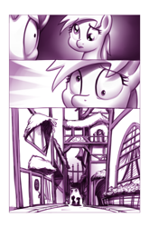 Size: 900x1362 | Tagged: safe, artist:moonlitbrush, derpy hooves, doctor whooves, pony, comic:unintentionally spreading happiness, comic, cute, male, monochrome, ponyville, stallion, wide eyes