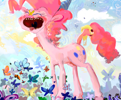 Size: 730x600 | Tagged: safe, artist:doctorpepperphd, pinkie pie, butterfly, earth pony, pony, hat, party hat, rubber chicken, solo, wat